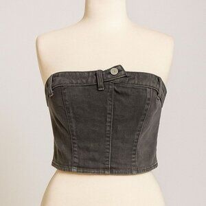 PrettyLittleThing Petite Grey Denim Corset Top Size 10 Strapless Button Detail